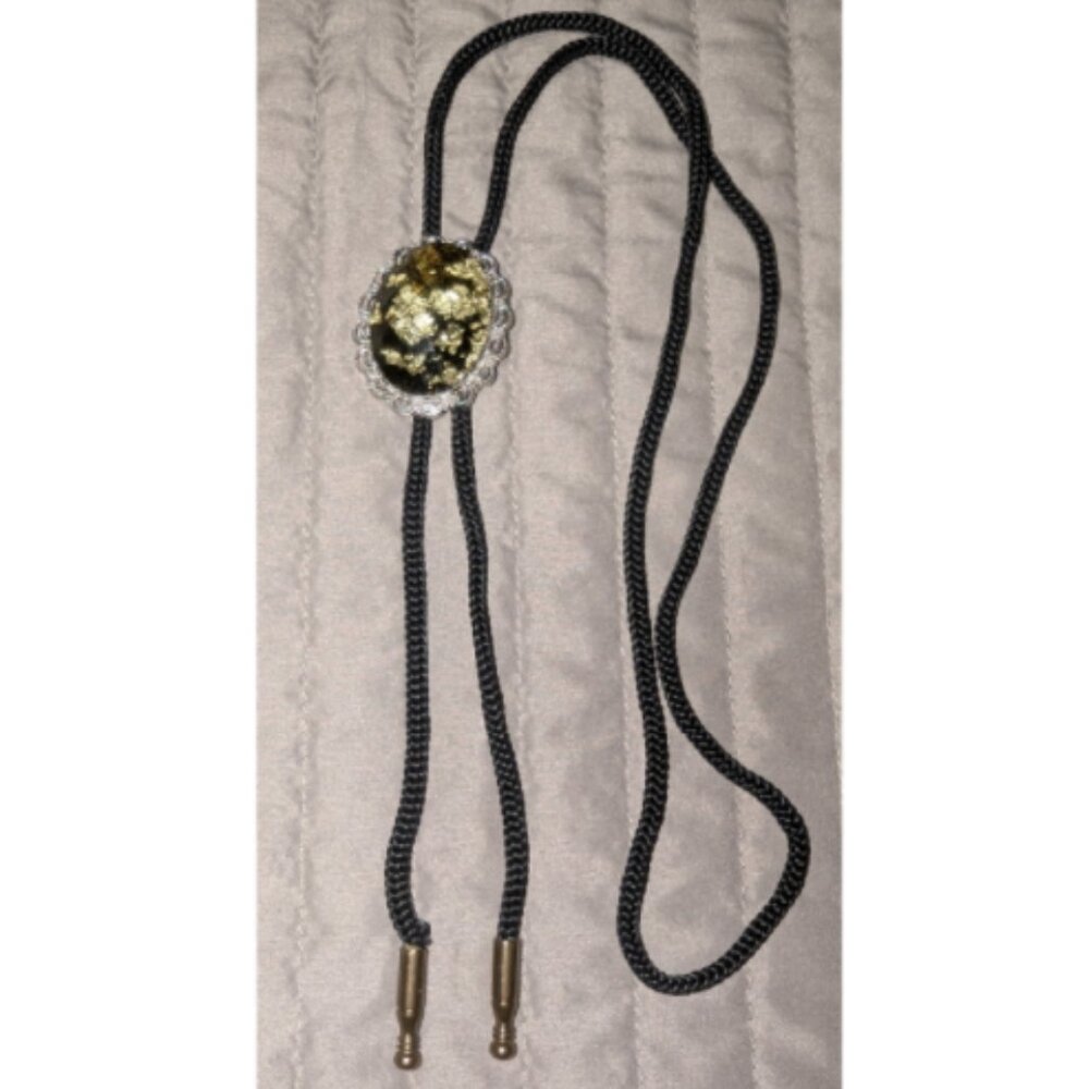 $3 with Bundle ~ Gold Glitter Stone Bolo Tie Black Cord Western Statement 6131
